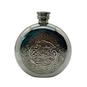 VTG Celtic Knot Round Hip Flask 6oz Silver Pewter Scottish Trinity Knot Made UK